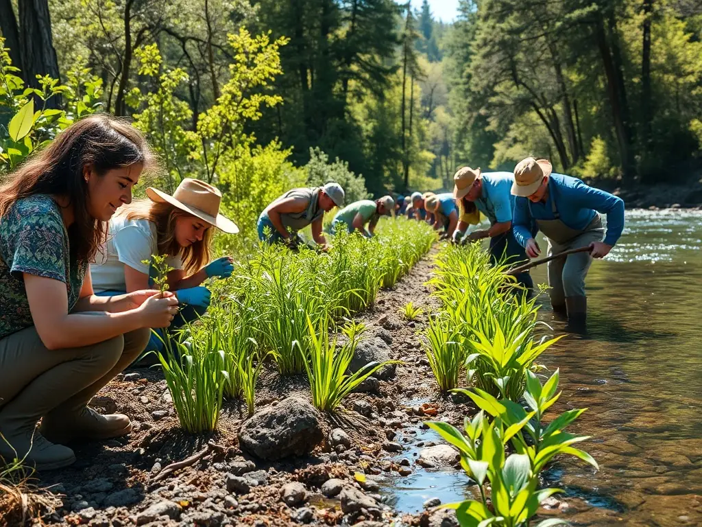 A group of volunteers planting native vegetation along a riverbank to restore habitat for fish and other aquatic wildlife. The scene is bright and sunny, showcasing the positive impact of community involvement in environmental conservation.