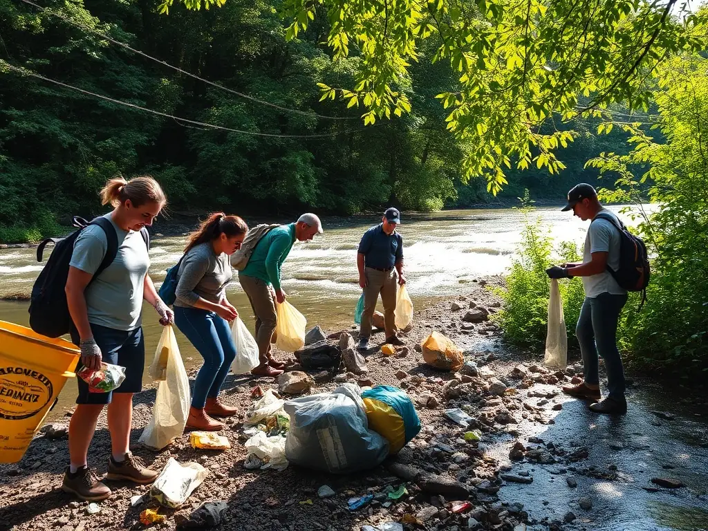 A photograph showcasing volunteers participating in a river cleanup activity, removing trash and debris from the riverbank, with lush greenery in the background.
