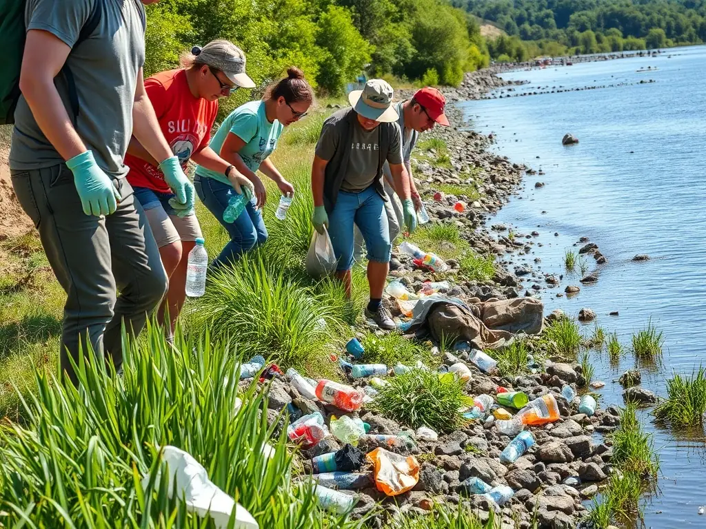 A group of volunteers cleaning up trash from a riverbank, showcasing the association's commitment to environmental protection and conservation efforts.