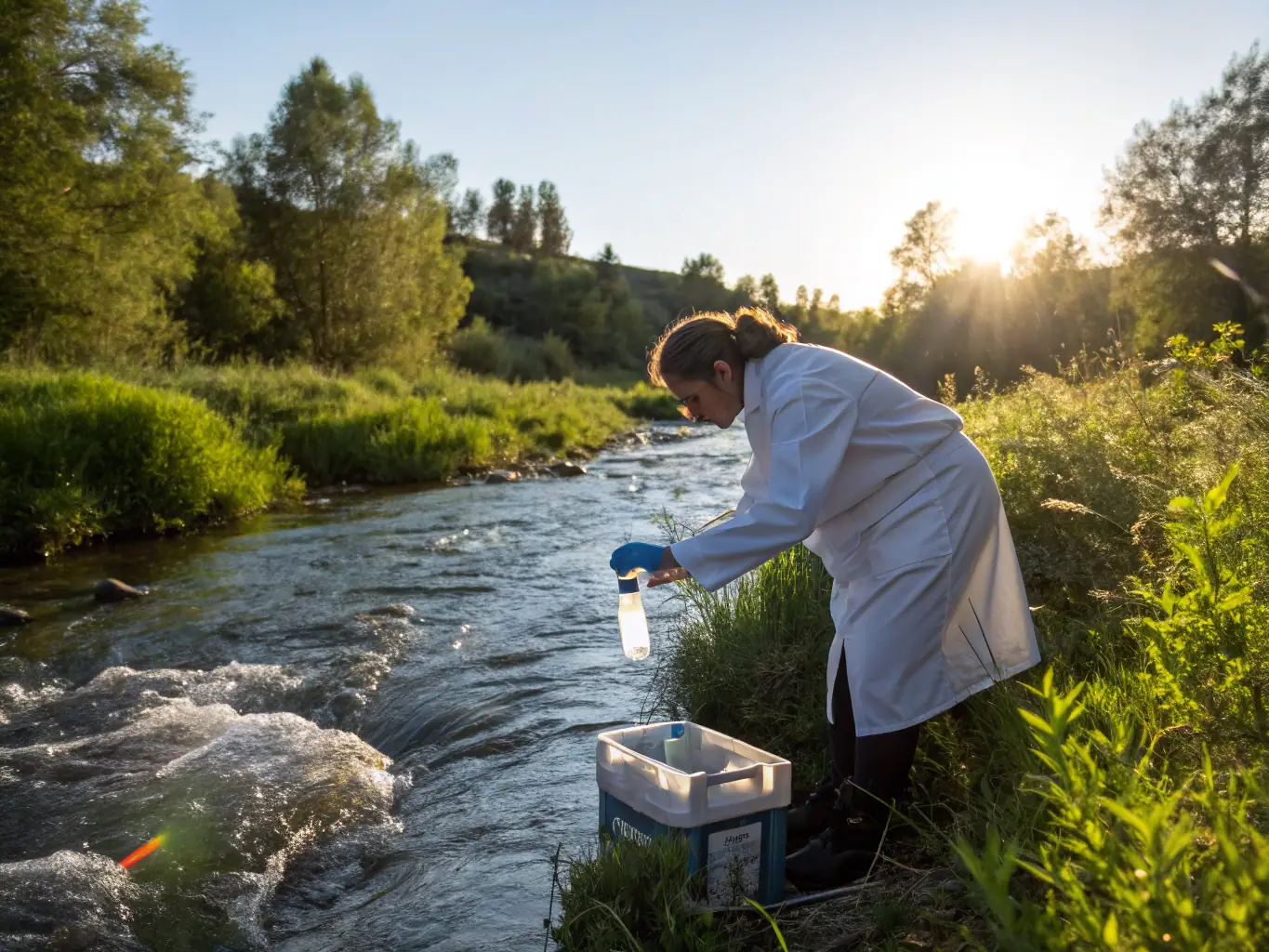 A clear image of water sampling and analysis being conducted by association members to monitor water quality in a local river. The focus is on the scientific process and the importance of data collection for environmental management.