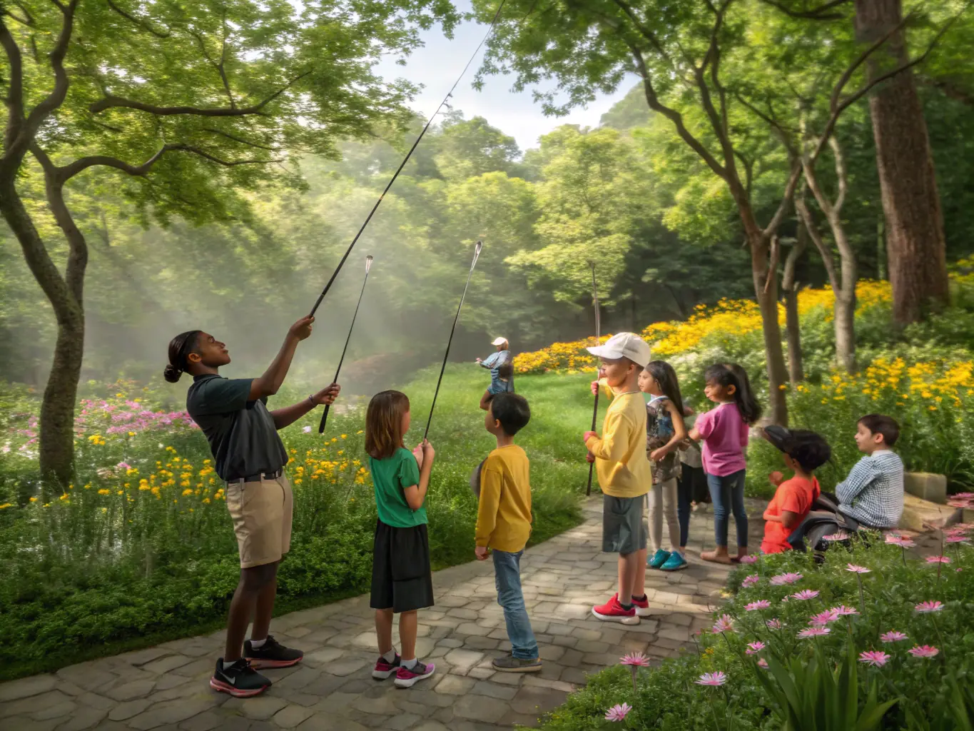A photograph of children participating in a fishing education program, learning about responsible angling techniques and the importance of aquatic conservation. The setting is a local pond or lake, with instructors demonstrating proper catch-and-release methods.