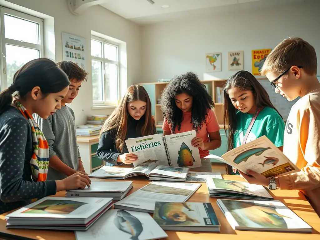 An image depicting a group of children learning about fish species and aquatic ecosystems during an educational workshop, with a focus on hands-on activities.