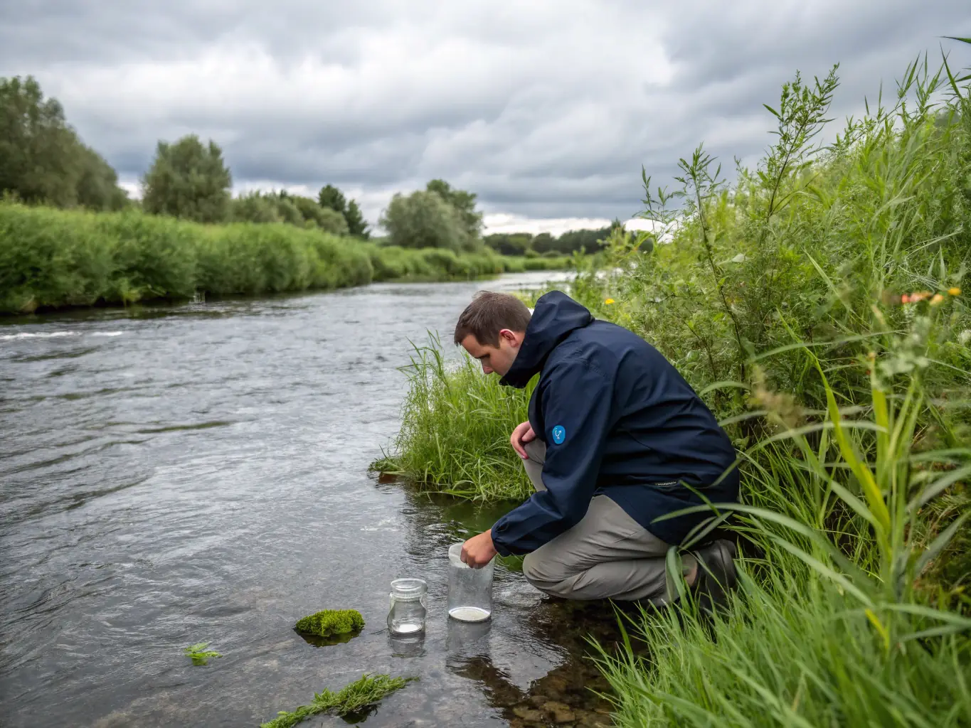 A photo of association members monitoring water quality in a local stream, using scientific equipment to assess pollution levels and ecosystem health.